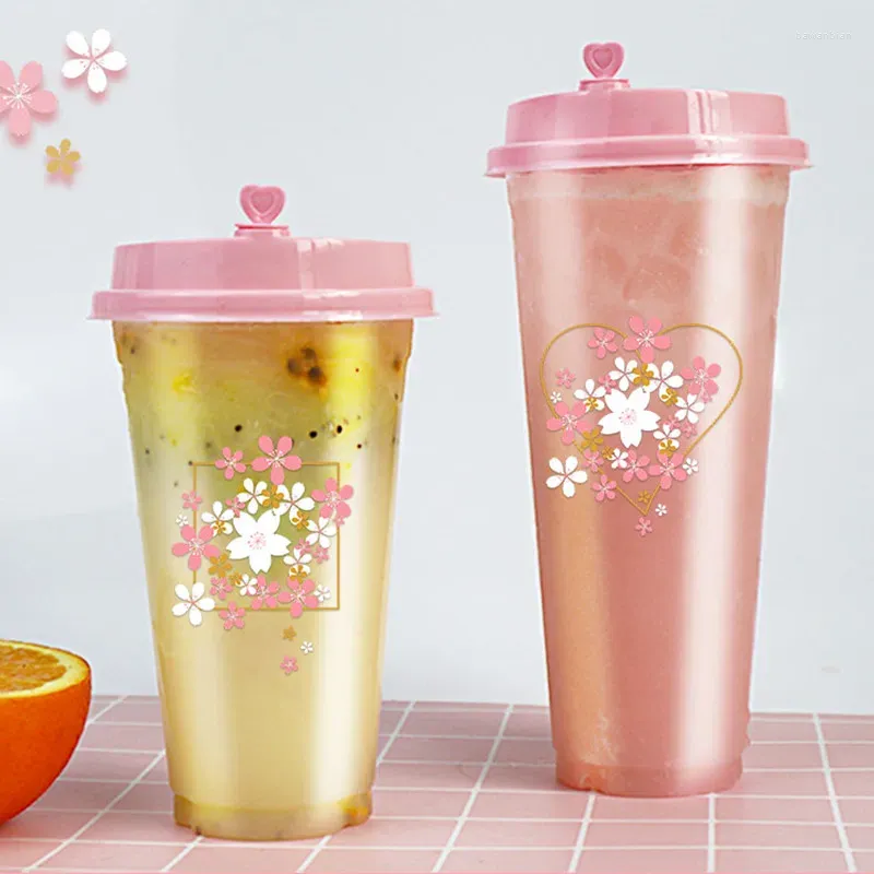 Disposable Cups Straws 50pcs High Quality Flower Tea Cup Frosted Transparent Milk Birthday Party Favors Juice Drinking With Lid