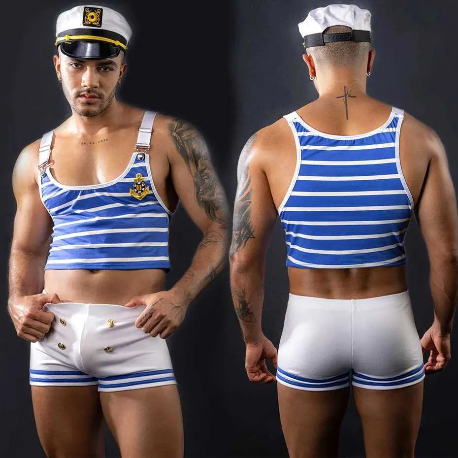 Sexig uppsättning jsy sexig sjöman uniform cosplay underkläder män underkläder blå väst bodysuit erotisk underkläder porr kommer sexig roll play outfits t240513