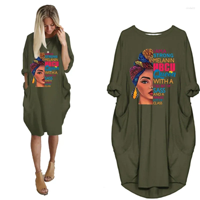 Robes décontractées Fashion Summer Robe africaine pour femmes Pocket Black Lettres belles imprimées T-shirt plus taille midi robe Femme