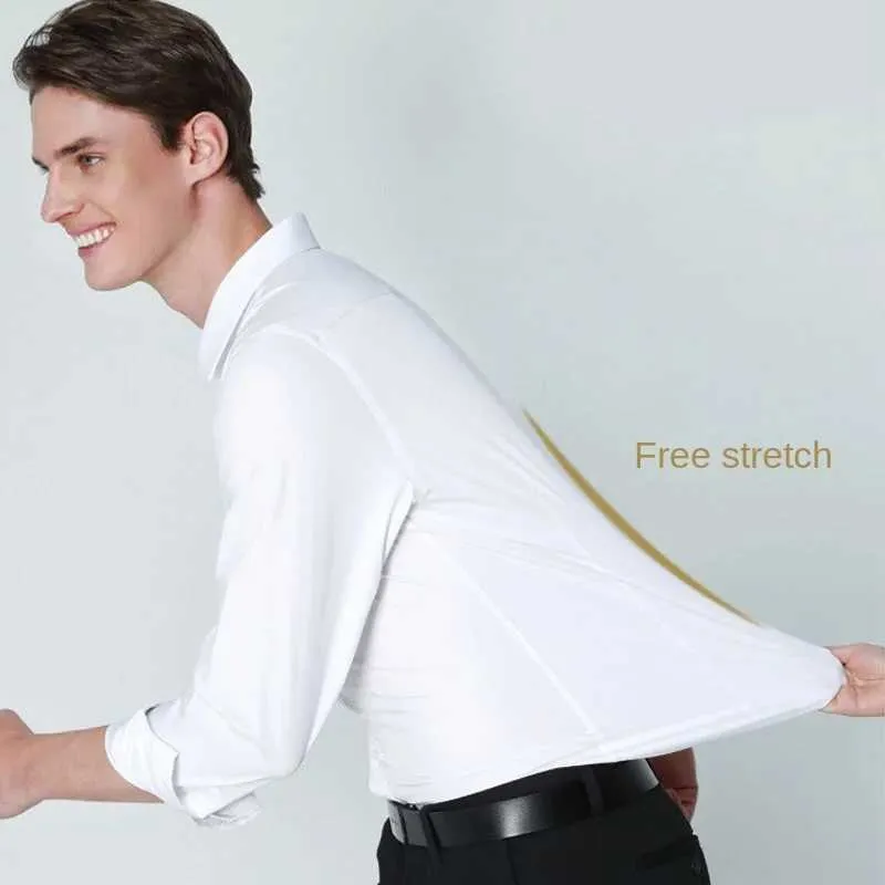 Мужские платья рубашки эластичная мужская рубашка с длинной Slim Slim Fit Не гладиловая деловое повседневное белое профессиональное платье корейская версия рубашка Y240514