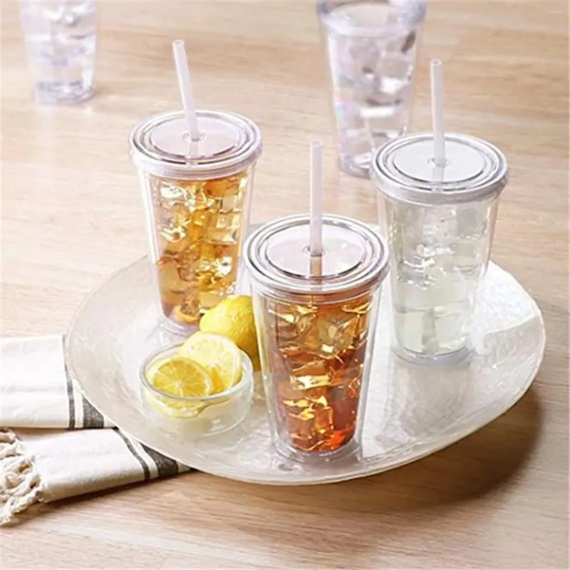 Bouteilles d'eau 16 oz gobelet clair avec paille réutilisable à double couche transparente Bouteille à double couche pour le lait de café Diy smoothie tasse de tasse