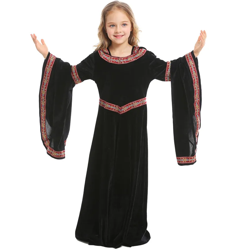 Halloween Medieval Hooded Child Girls Queen Vampire Dress Costume