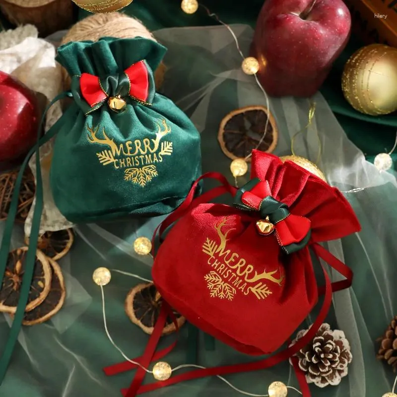 غلاف الهدايا 10pc مقبض سانتا فيلفيت أكياس عيد الميلاد Apple Candy Bag الرباط للديكور Navidad Noel Xmas Year
