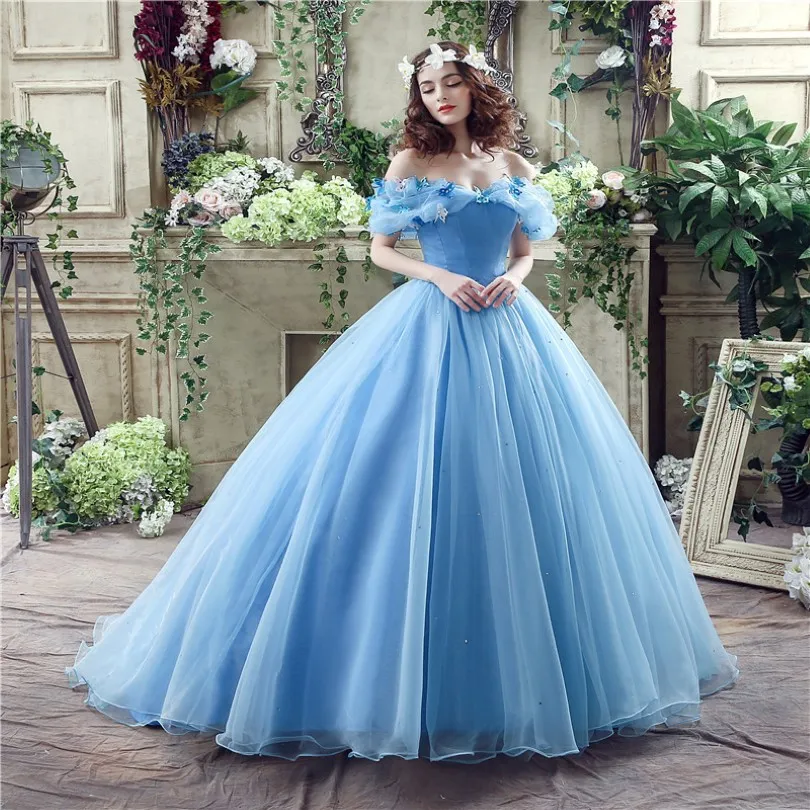 Sky blue Quinceanera Dresses ball gown princess dress floor length off the shoulder with 3d butterfly sweet 16 sixteen prom Dress 269p