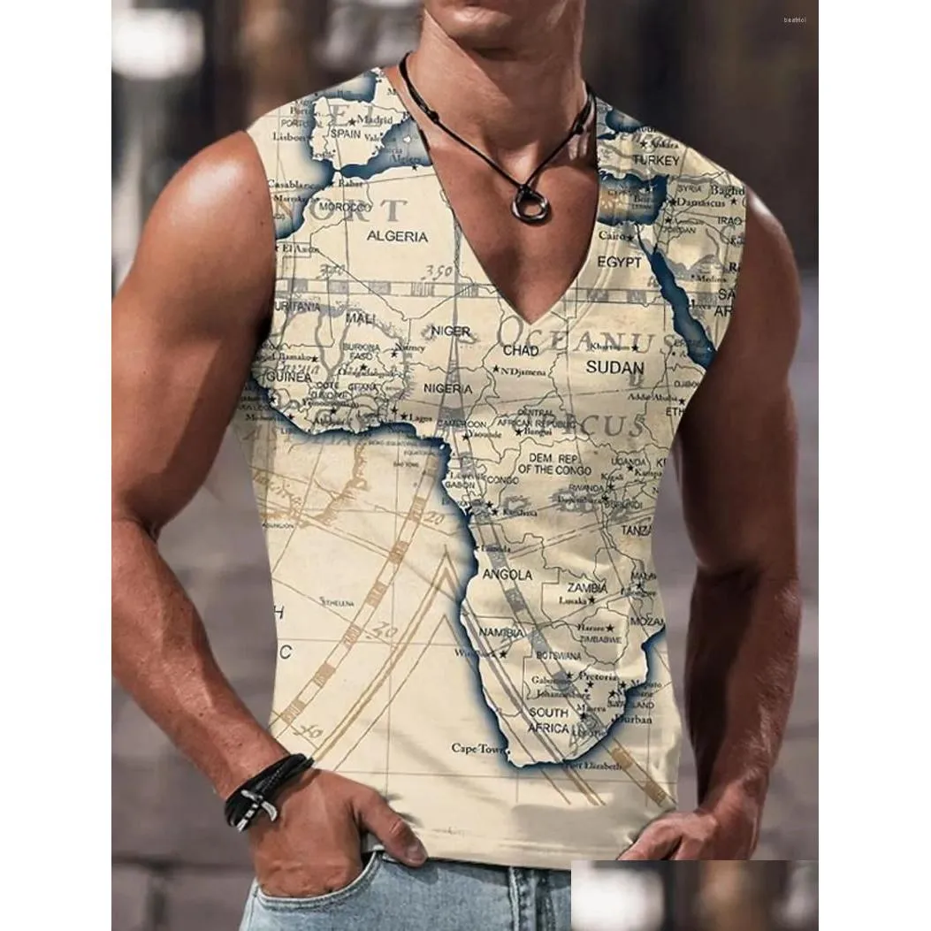 Tobs de débardeur masculine pour hommes mode carte d'été Route 3D Viete sans manches imprimée T-shirt Sailor Coute à manches V surdimension