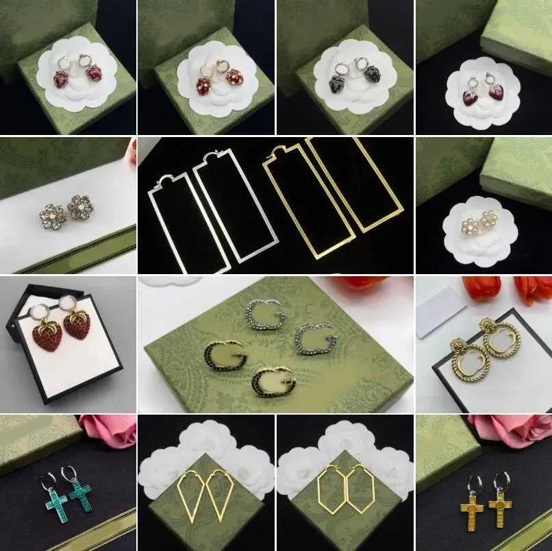 Vintage Classic Designer Earring Crystal Strawberry Cross Dangle Letter G Ear Stud Clip Earrings Charm Hoop Drop Earrings 18K Gold Silver Plated For Women Jewelry