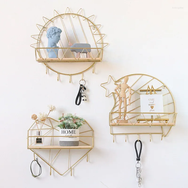 Hooks Gold Iron And Wooden Storage Basket With Hook Nordic Key Holder Wall Hanging Hanger Home Decoration Accessories For Living Room