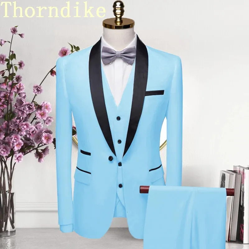 Thorndikeハイエンドの男性スーツブラックカラースーツ男性結婚式の新郎スリムフィットスタンダーサイズブレザーセットTuxedojacketpantvest 240513