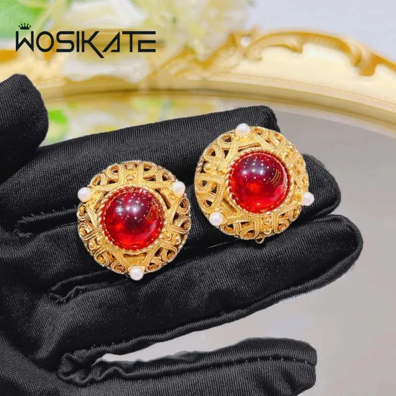 Kolczyki stadnina Wosikate Vintage Gold Kolor Puste Design Red Glazed Clip dla kobiet luksusowy francuski styl biżuterii mody