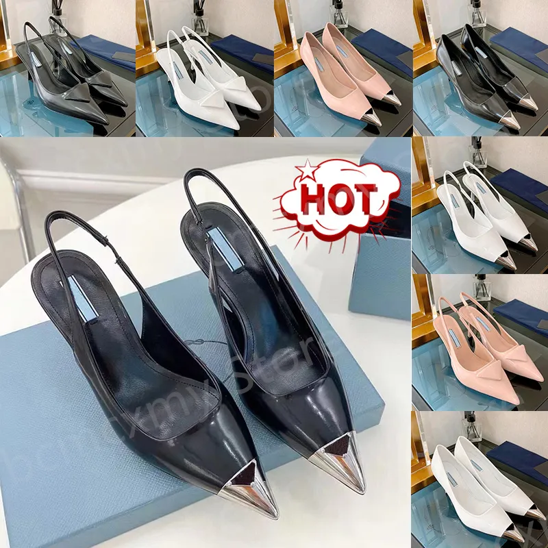 designer skor klackar 7,5 cm slingback pump hög klack svart läder logotyp präglad kep