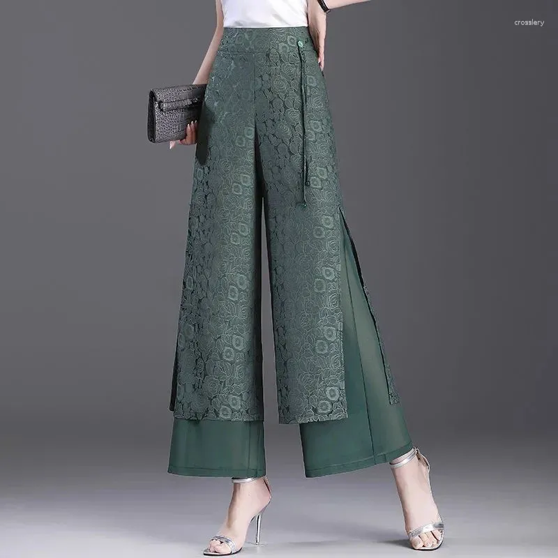 Calça feminina chinesa dividir calça fêmea 2024 calça elástica de cintura alta cortina jacquard gelo seda solta perna larga mulher
