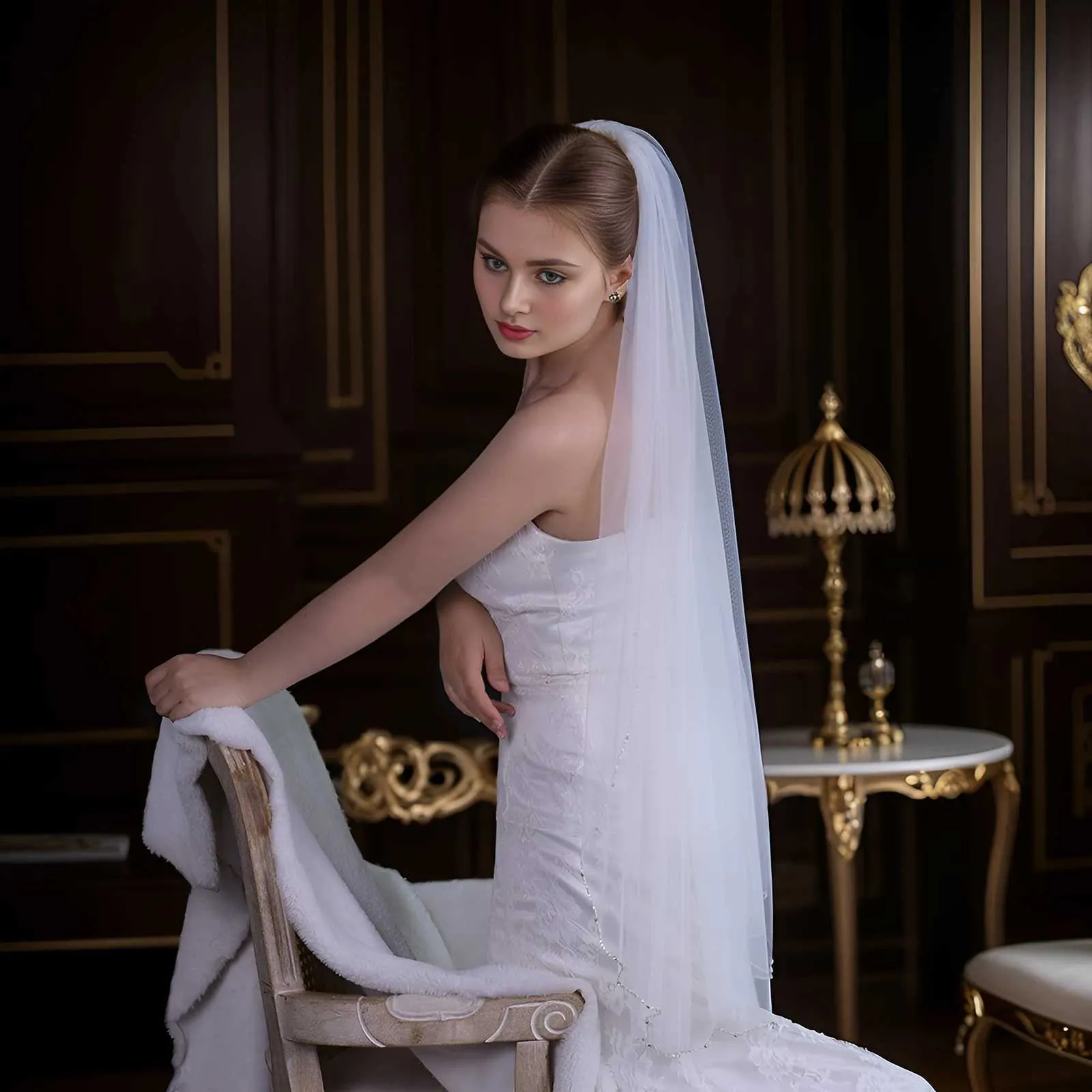 Haarschmuck Brautschleier Kristallperlen 1-stufig Hochzeitsschleier Strass Perlenbesatz Weicher Tüll mit Kamm Kathedrale_voghion.com