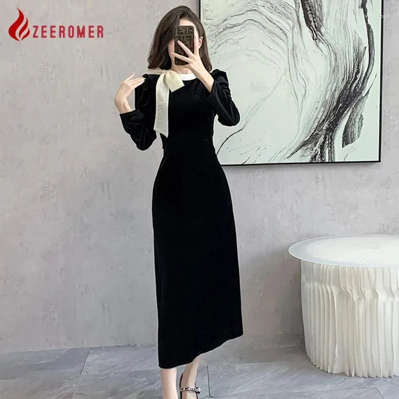 Sukienki swobodne 2024 FILL FILL VINTAGE O-Neck Bow koronki Hepburn czarny aksamitny ubiór Kobiety eleganckie ol bodycon impreza a-line