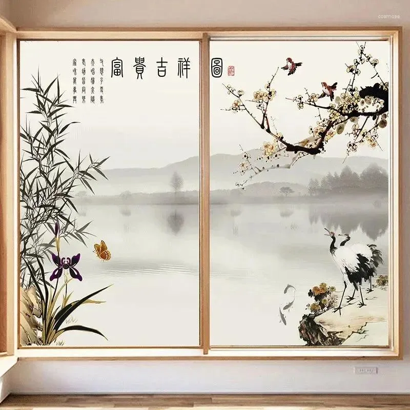 Fensteraufkleber Chinesischer Stil Privatsphäre Filme Inkmalerei Blumen Birds Glasfilm Selbstklebend statische Klammer gefrostet