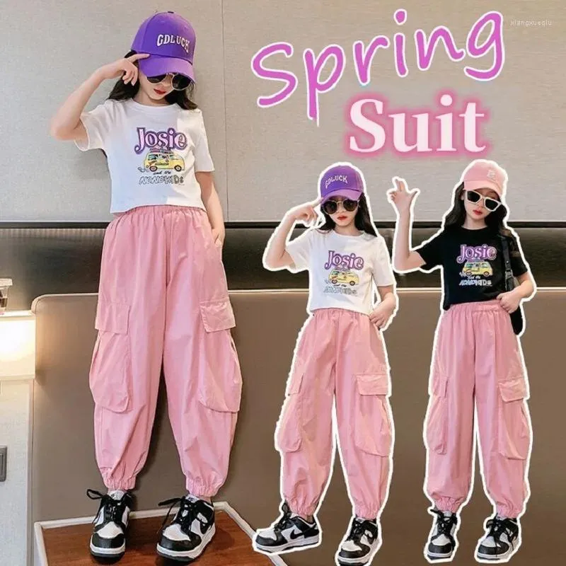 Vêtements Ensembles d'été Girls Coton Cropped Alphabet T-shirt Tops Tops Pant de travail Contraste Écoliers Enfants 2pcs Tracksuit Children Tenues de 5 à 16 ans