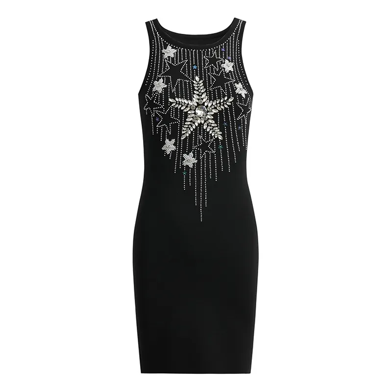 New Designer Brand Milan Runway Dresses Women Sleeveless Beading Rhinestones High Quality Black Slim Sheath Bodycon Party Evening Knitted Dress Vestidos DR515