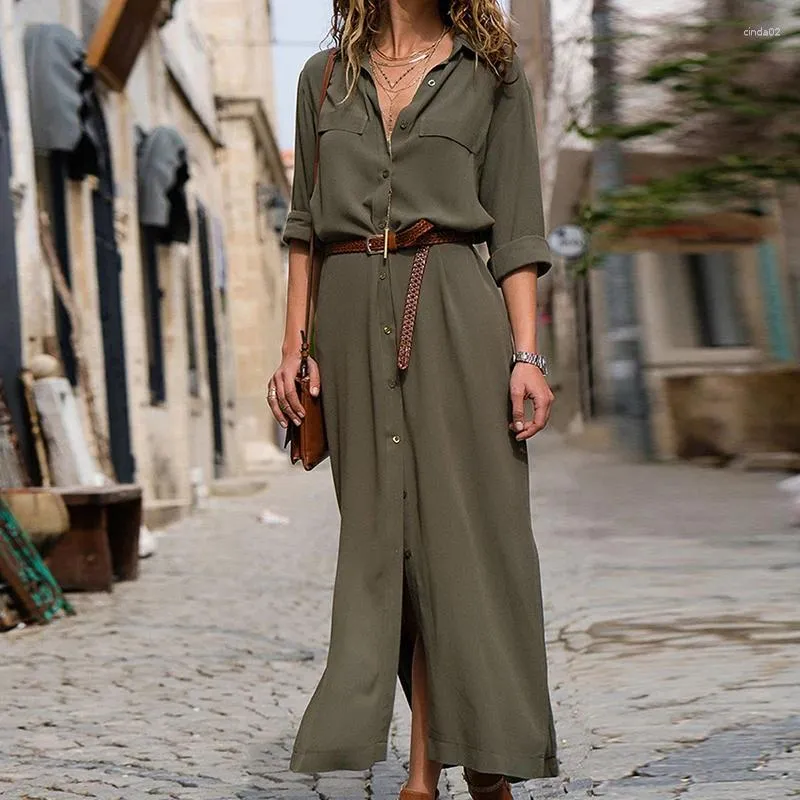 Casual Dresses Pure Color Button With Belt Elegant Women Long-Sleeved Maxi Split Shirt Dress Spring Summer V Neck Lady Vestidos