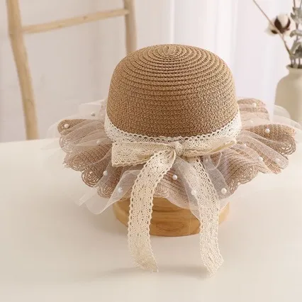 Kinderlingen Zonnebrandhoed Zomermeisjes Zonneschaduw Straw hoedtas Set Meisjes Western Style Lace Princess Beach Hat CAD24051403