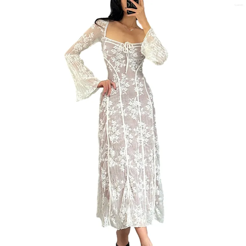 Casual jurken vrouwen sprookjeswit witte kanten jurk y2k kleding vierkante nek stropding op wijd uitlopende lange mouw een lijn uitgaande feest