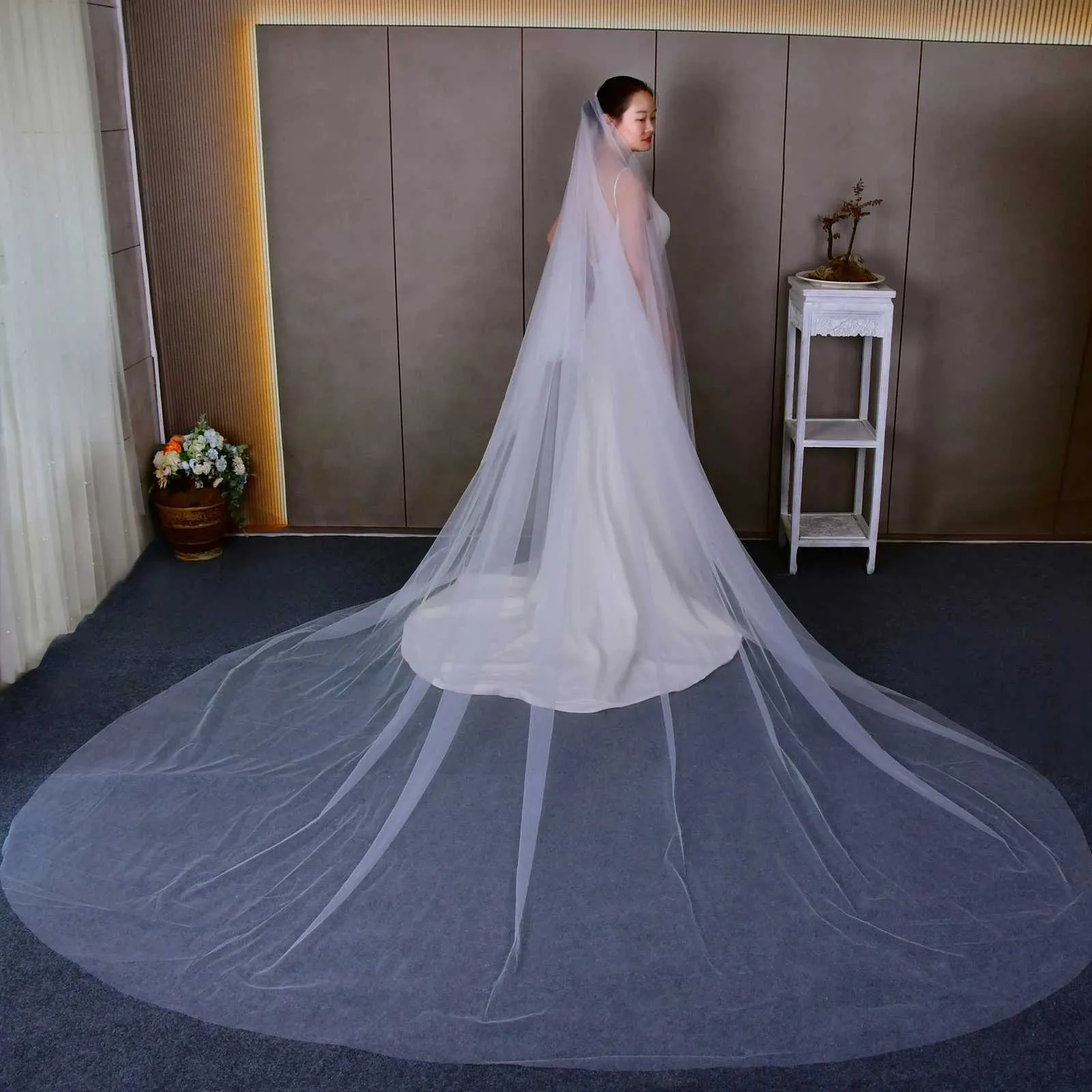 Bridal Veil 2 Tier Cathedral Wedding Veil With Blusher Face Drop_voghion.com
