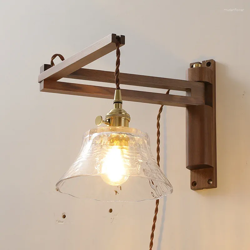 Wall Lamp Japanese Adjustable Solid Wood Ceramics Lampshade Bedroom Bedside Reading Light Vintage Retro LED Lights