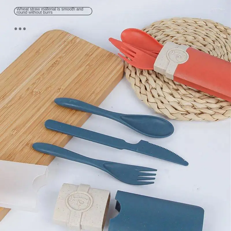 Dinnerware Sets Portable Reusable Spoon Fork Chopsticks Knife Wheat Straw Tableware Cutlery Set Travel Picnic Camping Kits