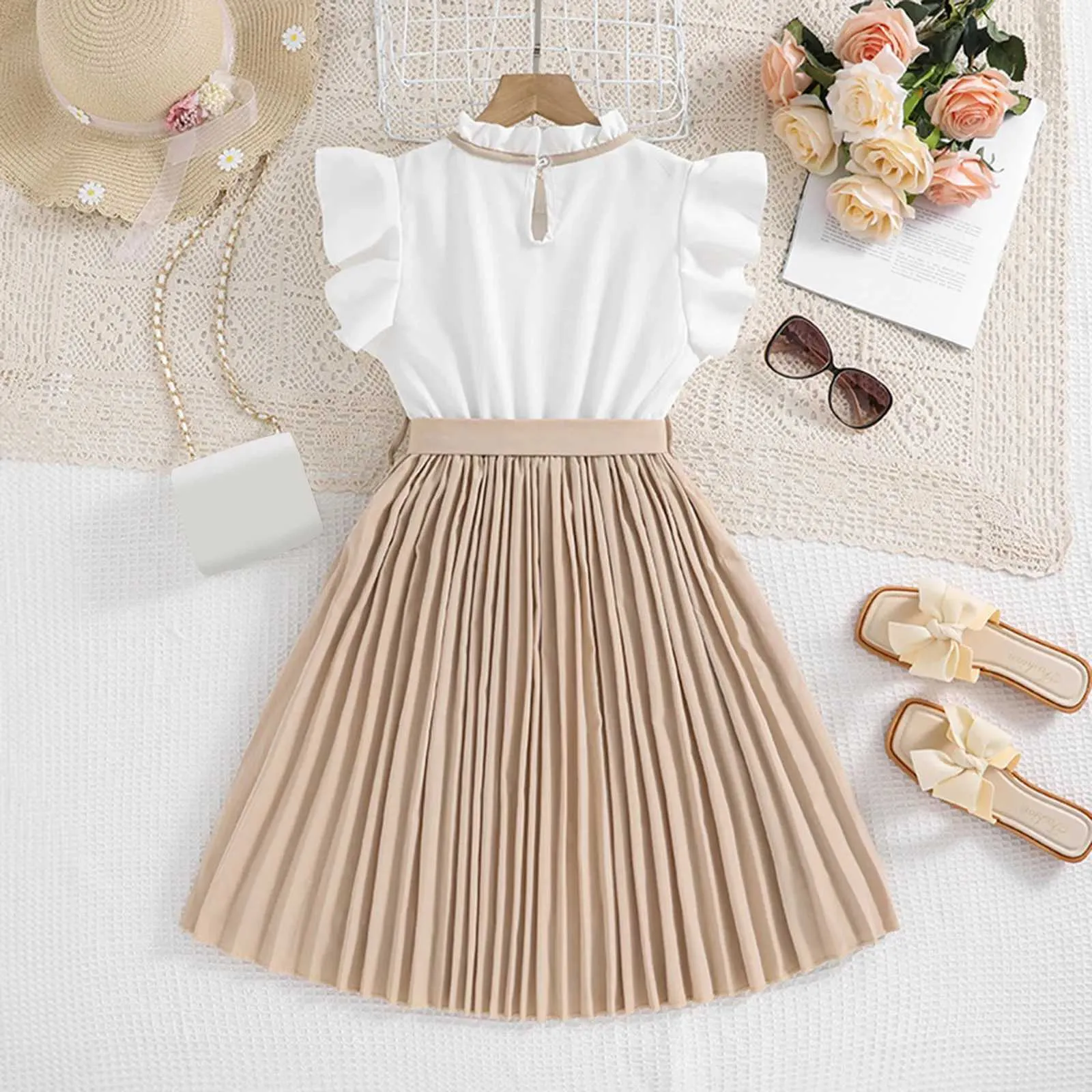 Girl's Dresses Summer casual childrens dress childrens clothing pleated dress for ages 7 to 12 sleeveless high waisted princess dress with belt d240515