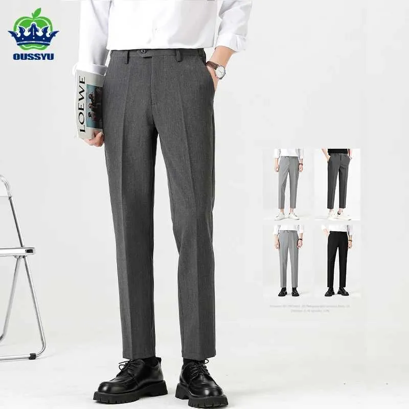 Herenbroek oussyu herfst winter hoge kwaliteit pak broek mannen rekken zakelijke elastische taille slanke enkel lengte broek Koreaanse broek mannelijk y240514
