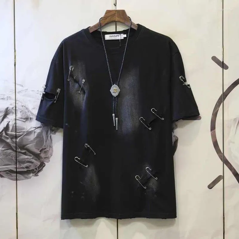 Men's T Shirts Summer Ripped Hole Pin Short Sleeve Men O Neck Hollow Out Fashion Personality Grunge Clothes 2xl Oversized Streetwears