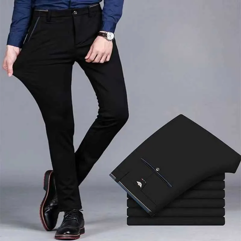 Calça masculina calça elástica premium masculino masculino calças para negócios de forma direta sem ferro de moda plana de moda plana calça formal azul marinho preto y240514