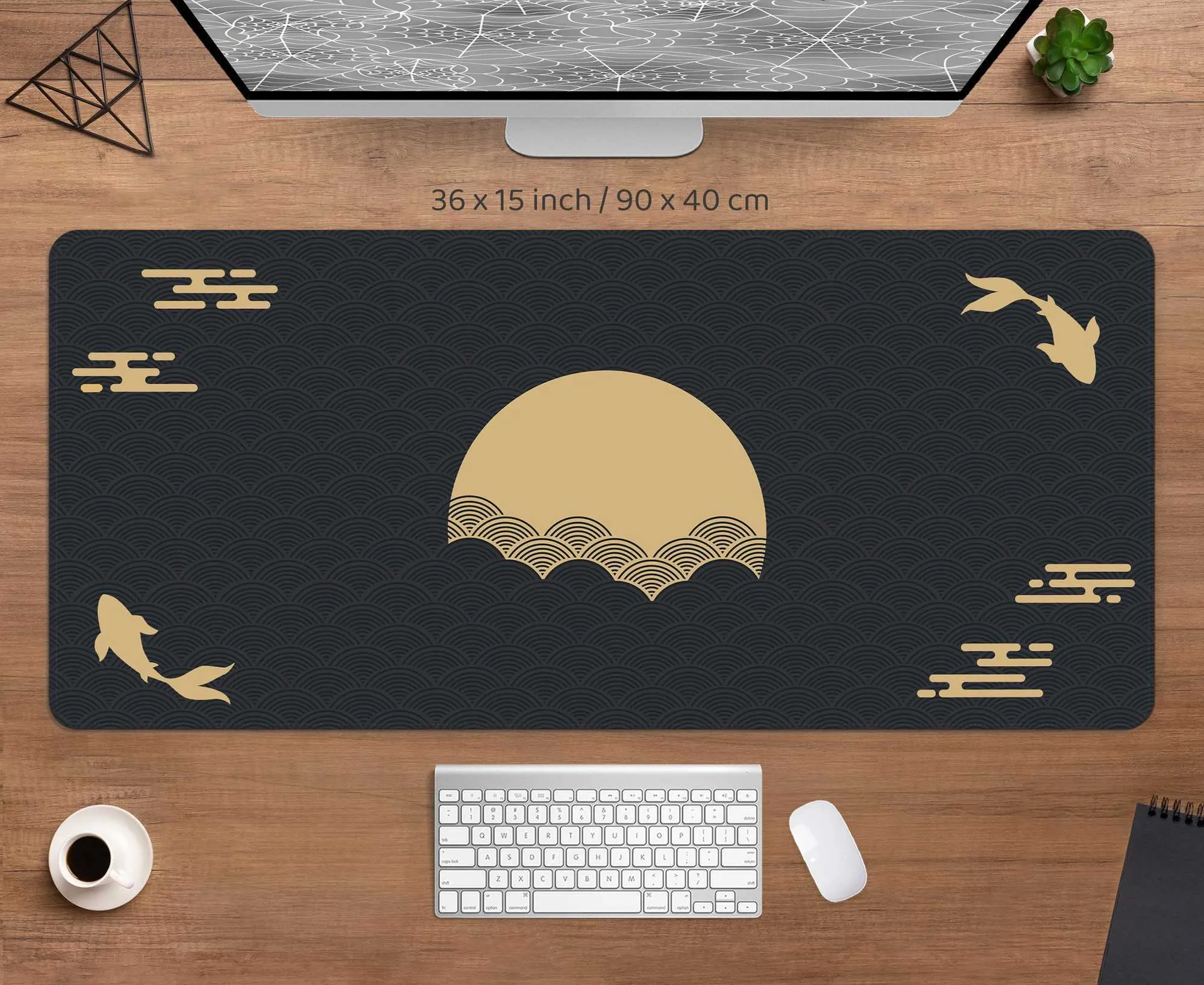 Large Japanese Art Mouse Pad with Wrist Rest, Black and Gold Brocade ...