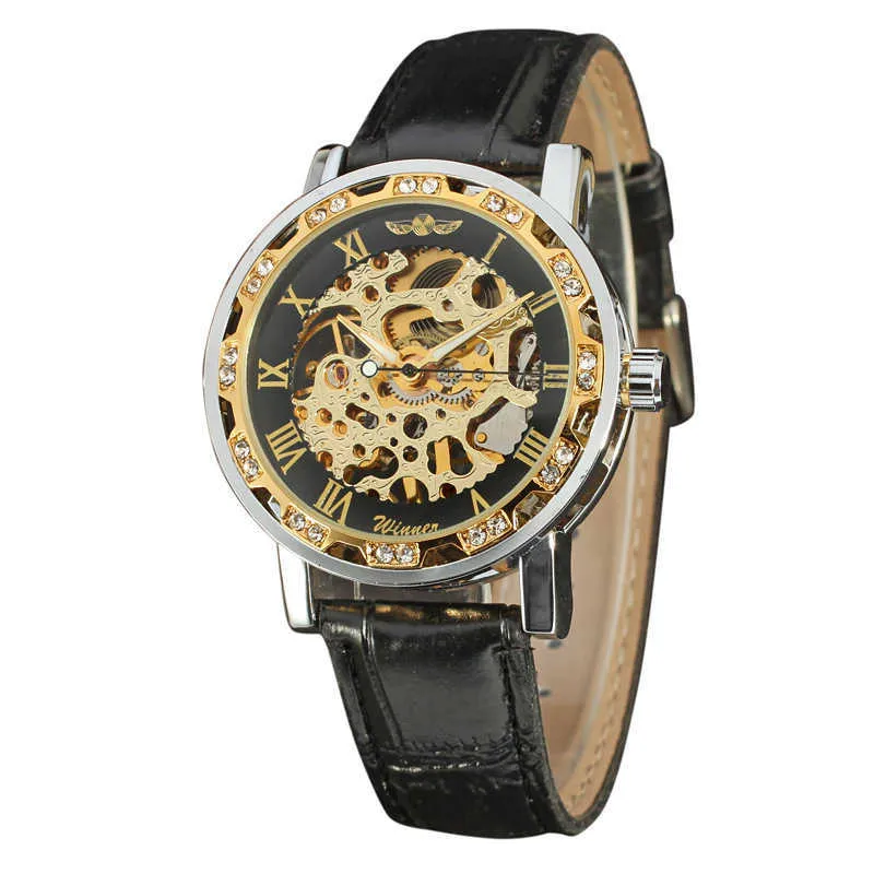 Winner Three Needle Hand Set Rhinestone Roman Scale Back Through Hollow Mechanical Watch D297