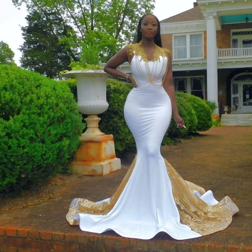 Zwart meisje witte zeemeermin prom jurken goud kralen v nek lovertjes plus size size jurk Afrikaans formeel slijtage feest met kanten toegewezen 3259