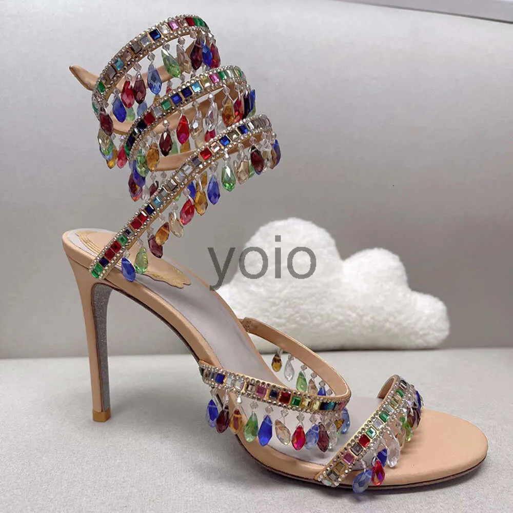 Sandálias de jóias de salto alto STILETTO SANGEIRA TIRADOR ELEGENTE SANDAL RENE CAOVILLA CRISTAL GOLD SHONE