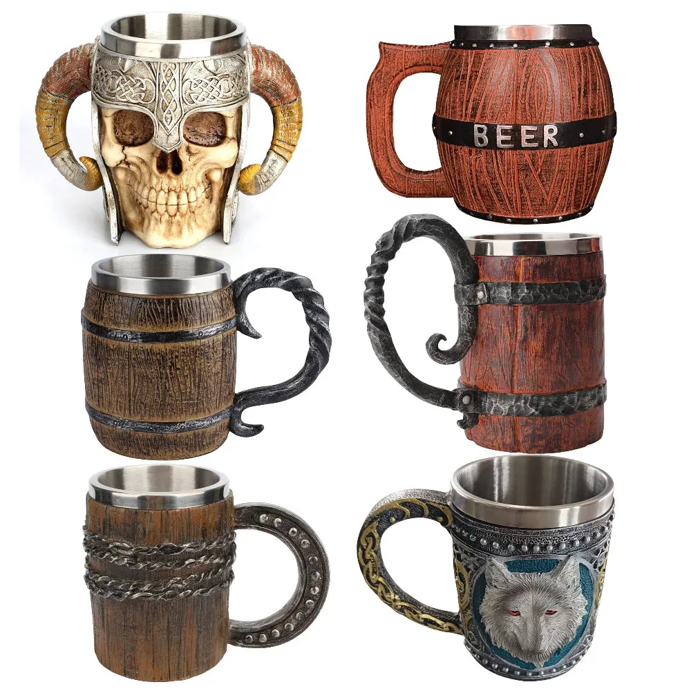 Viking Wood Style Beer Mug Christmas Gift Simulation Wood Barrel Cup Double Wall Drinking Metal Bar Drinkware 240509