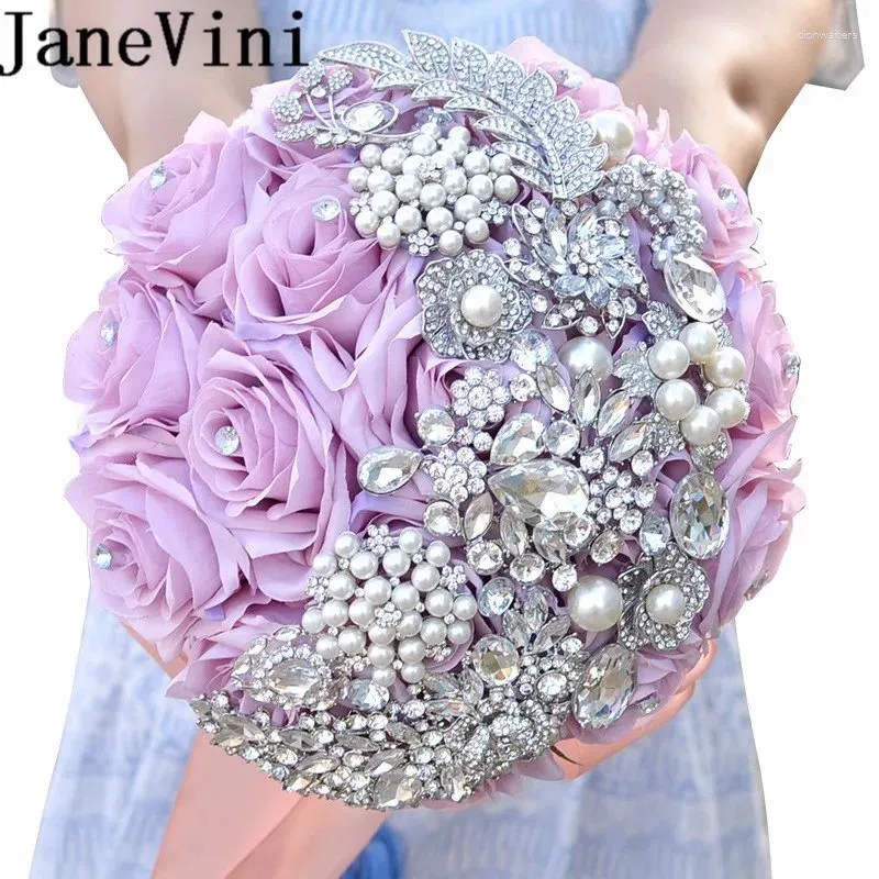 Wedding Flowers Janevini 2024 luksusowe fioletowe kwiaty ślubne druhny Bukiet ręcznie robione jedwabne róże Bling Rhinestone Fleur Mariage