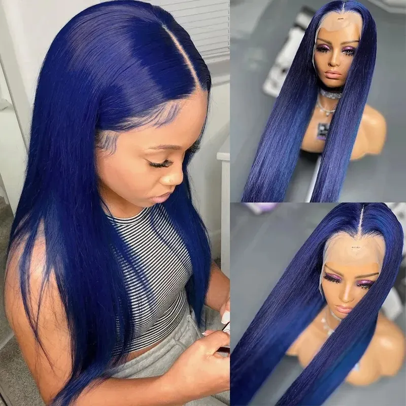 32 34 inches long blue bone straight lace forehead human wig black women's synthetic closed wig 13*4 human hair set cosplay daily