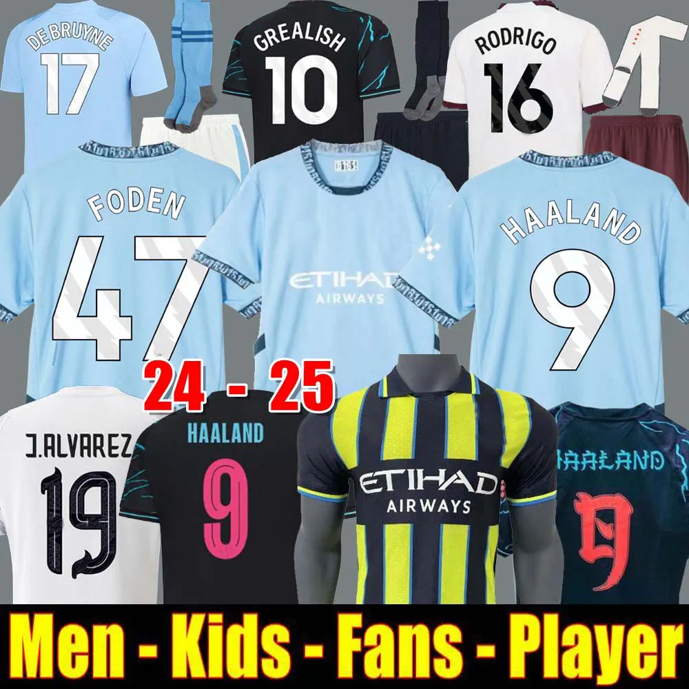 24 25 Haaland Soccer Jersey de Bruyne Grealish Mans Cities Sterling Mahrez Foden fans Player Version 2023 2024 Football Tops Shirt Kids Set Sets Equipment