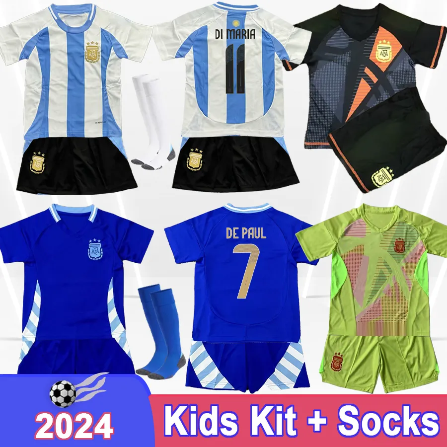 2024 DI Maria Kids Kit Soccer Jerseys Seleção Nacional Martinez Romero de Paul Mac Allister J.Alvarez Home Away Away Child Football camisas