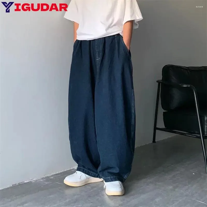 Men's Jeans Men Mid-rise Elastic Waistband Pockets Solid Color Baggy Wide Leg Denim Pants Streetwear Trousers