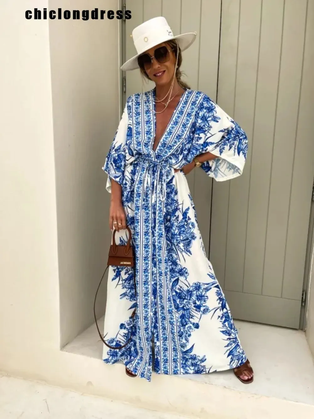 Summer Fashion Printed Lace Up Dress Women Casual Beach Style Vneck Flare  Sleeves High Waist from Dhgate Basic & Casual Dresses - price 52.85