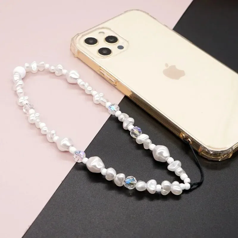 Vita pärlkedjor mobiltelefonkedja kristallpärlor telefonfodral lanyard mobil rem imitation pärla telefon smycken
