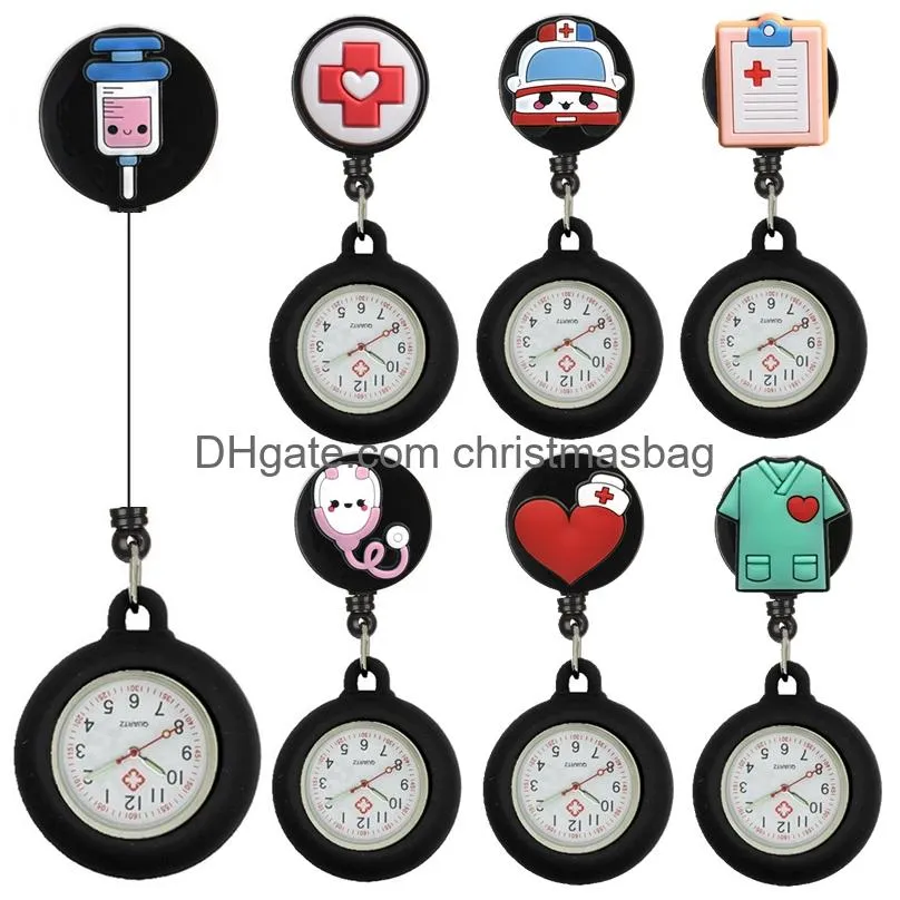 Party Favor Black Retractable Nurse Doctor Heart Stethoscope Syringe Clip Design Pocket Watches Medical Hospital Badge Reel Hang Gift Otuce