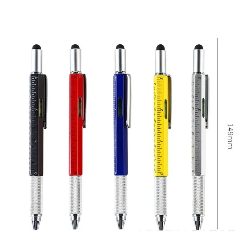 6 In1 Multifunktion Bollpoint Pen med modernt handhållet verktyg Mät teknisk linjal Skruvmejsel Pekskärm Stylus Spirit -nivå