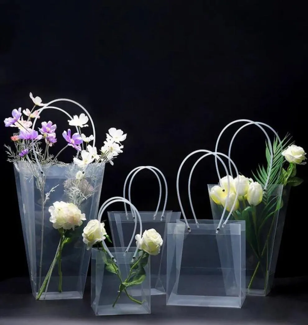 Clear Flower Bouquet Presentpåse Trapezoidal Plastic Staying Handbag PVC Packing Påsar Birthday Party Holiday Handväskor stora wrap Flor3964423