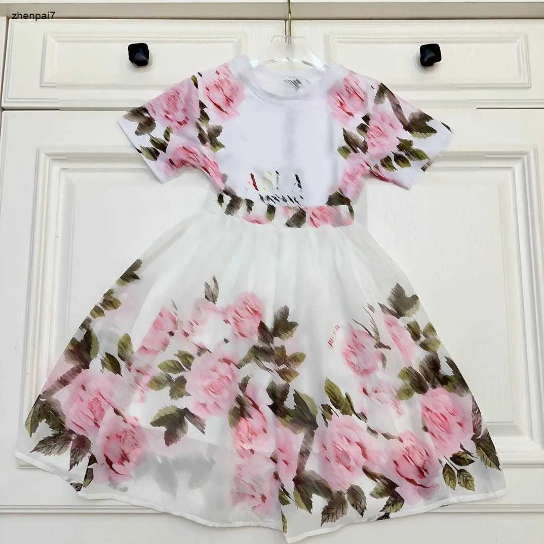 Top Princess Dress Press Baby Trade Closuits Size 90-150 см. Детская дизайнерская одежда для цветочной печати девочки футболка и короткая юбка 24mar