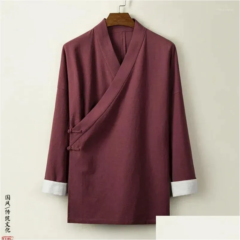 Abbigliamento etnico in stile cinese cotone e giacca bloccante del colore in lino retrò top meditazione a maniche lunghe 2023 camicia casual dhkzj