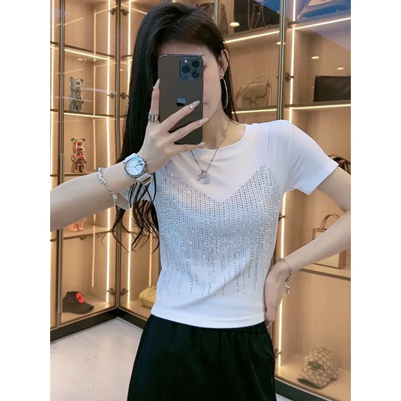 Diamond Short Sleeve T Shirt Female Slim Fit Fake Two Shiny Round Neck Summer Casual Aesthetic Y2K Tee Korean Kawaii kläder