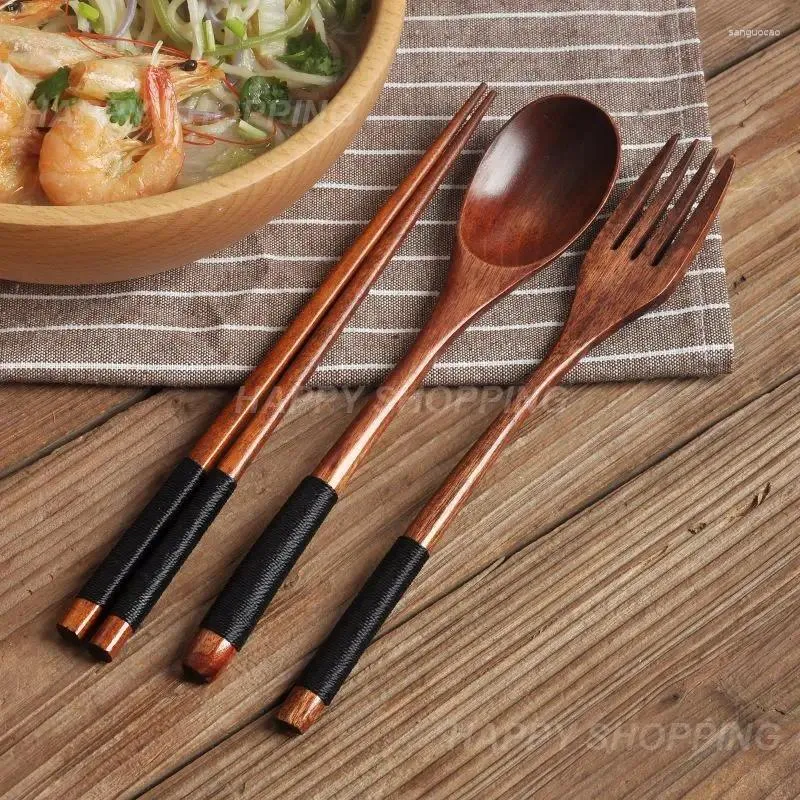 Servis uppsättningar av träsked gaffel pinnar bestick med förvaringspåsar japansk stil lunch redskapsfodral återanvändbar ooden resor