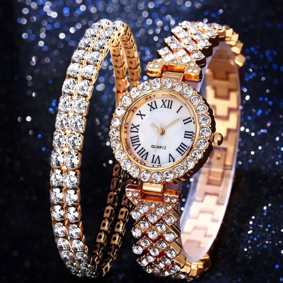 Luxury Fashion Diamond Quartz titta på dubbel armband 2st.